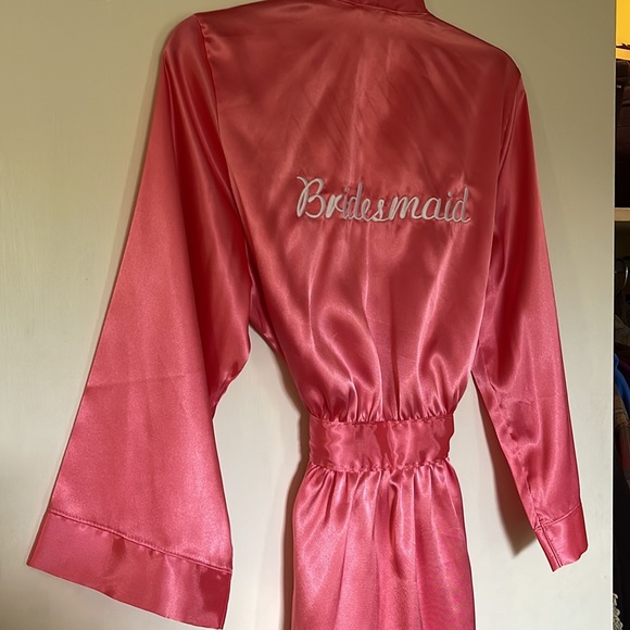 Embroidered Pink Satin Bridesmaid Robe - Picture 2 of 4